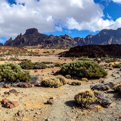 A desert landscape with rocky mountains and sparse vegetation under a cloudy sky