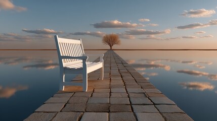 White bench overlooking tranquil water with a reflective surface, leading to a lone tree under a serene, cloudy sky at sunset