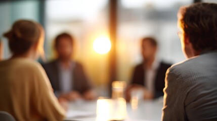 Business colleagues collaborating in a blurred office meeting, discussing strategy during sunset backlighting