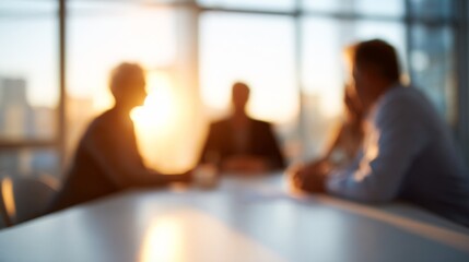 People having a professional business meeting in an office conference room during sunset creating silhouette and bokeh