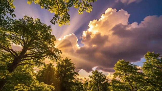 Dramatic upward perspective of vibrant forest trees with brilliant rays of sunlight breaking through golden clouds