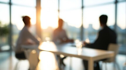 Business team meeting in conference room during sunset, blurred anonymous silhouettes collaborating in modern office