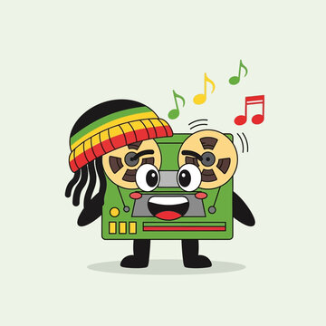 Cute Reel-to-Reel Tape Recorder Character with Rasta Hat and Musical Notes