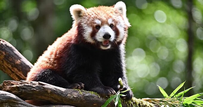 Cute red panda eating bamboo leaves on a tree branch
