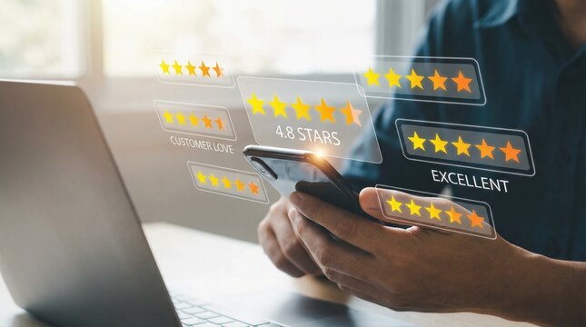Customer experience analytics optimization with digital star rating interface on smartphone and laptop screen, visualizing feedback metrics, evaluation insights, and business performance outcomes