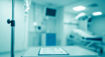 Naklejka premium Medical equipment and IV drip in hospital room, healthcare environment, close-up view of patient care technology in clinical setting