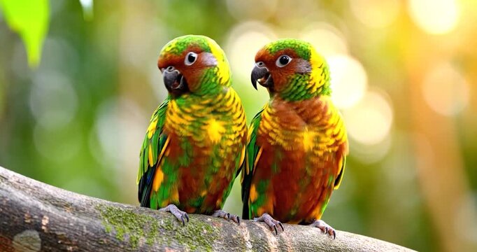 Two colorful parrots perched on a branch in sunny nature