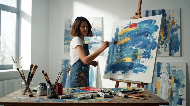 Dedicated female artist carefully applies vibrant blue and yellow acrylic paint strokes onto a large canvas mounted on a wooden easel in her bright studio space.