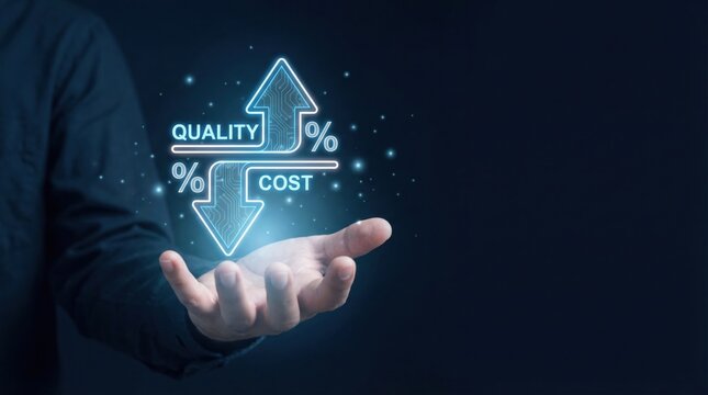 Businessman demonstrates cost optimization analytics hologram with quality improvement up arrow and cost reduction down arrow UI for strategic efficiency outcomes