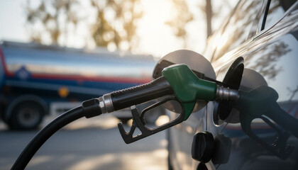 Obraz premium Fueling car at gas station with tanker truck in background, energy and transportation
