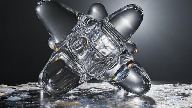 Abstract clear glass-like spiky object reflecting light on a dark background