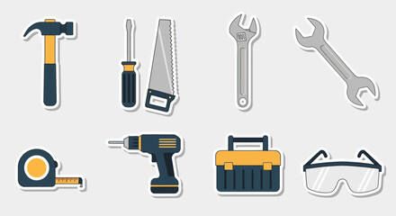 Obraz premium Flat Design Construction & DIY Tools Icon Sticker Pack: Hammer, Screwdriver, Saw, Wrenches, Drill, Tape Measure, Toolbox, Safety Glasses Set
