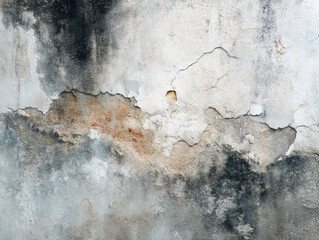 Weathered peeling plaster wall with mold stains and cracked paint creating textured urban decay scene