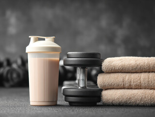 Protein shake bottle dumbbell towel gym fitness workout recovery strength energy neutral beige