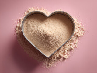 Heart shaped protein powder mound in metal cutter on pink background conveying health and affection