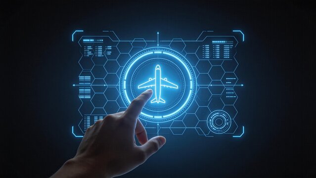 Futuristic aviation control interface with airplane icon and digital dashboard,hand touching virtual flight navigation system on blue holographic screen for smart transport technology concept