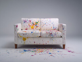 White sofa with colorful paint splatter across cushions and floor creating playful artistic mess and energetic creative mood