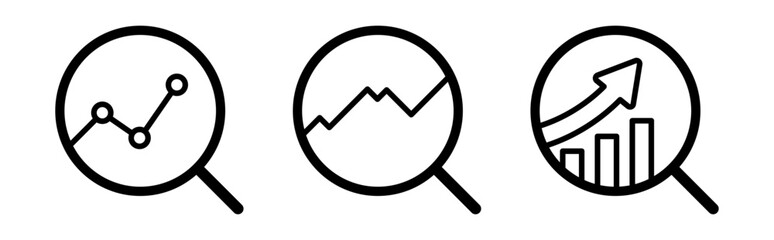 Conjunto de iconos de lupas analíticas. Búsqueda de datos, análisis estadístico, monitoreo de información, investigación visual, evaluación gráfica. Ilustración vectorial lineal © Alejandro