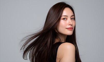 Fototapeta premium beauty portrait of a young Asian woman, long straight glossy brown hair flowing dynamically behind her