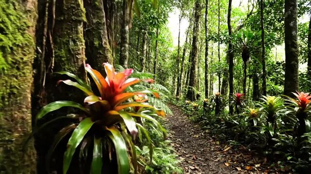 Lush Tropical Rainforest Trail Scene: Vibrant Bromeliads and Ferns Create Tranquil Natural Landscape Ambiance