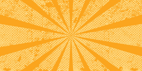 Fototapeta premium Orange stripes burst lines background. Sun ray light. Radiate sunlight. Vintage stripes halftone radial wallpaper for poster, banner.Circus background of spiral yellow orange rays vector.