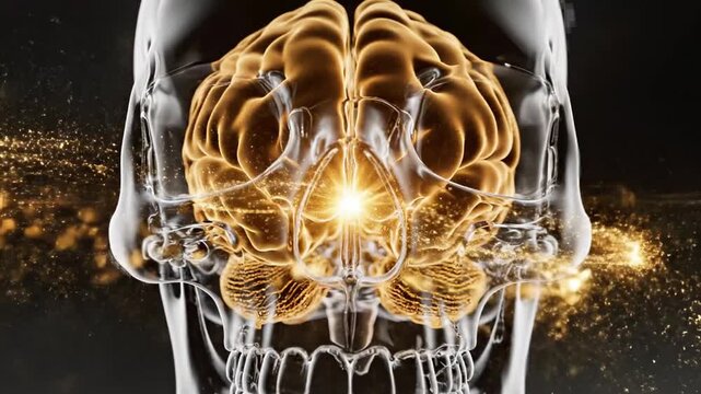 X-ray of a human skull with a glowing golden brain and sparks around it