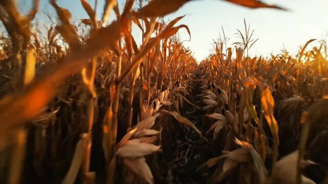 Low angle view of a golden cornfield pathway at sunset with warm sunlight shining through stalks
