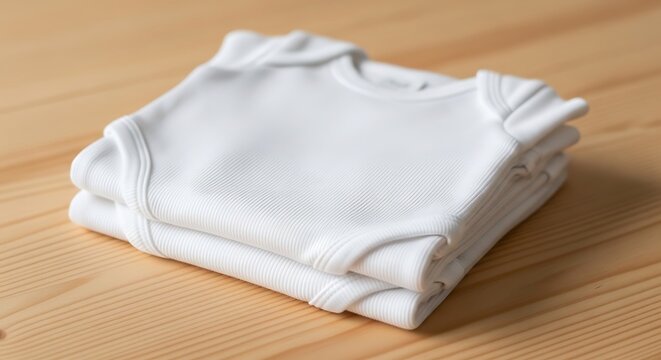 A neatly folded stack of white t shirts on a wooden surface