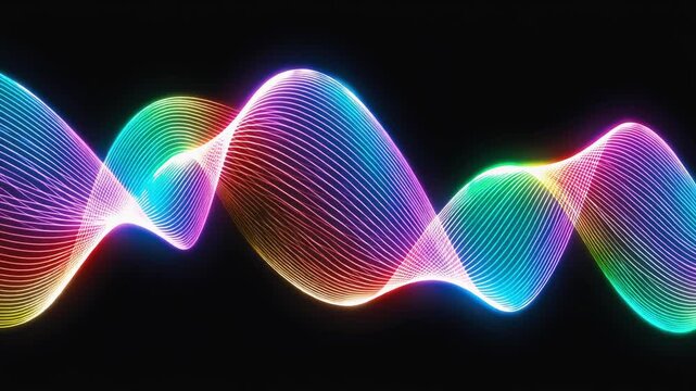 Rainbow Neon Wave Lines Glowing on Black Background Seamless Loop　黒背景に光り輝くレインボーカラーのネオンウェーブ シームレスループ
