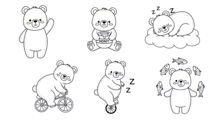 Cute cartoon bear illustrations with different activities, isolated on white. © jono