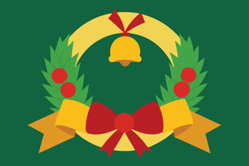 Naklejka premium Festive pine wreath embellished with golden bells and a decorative ribbon, suitable for elegant Christmas cards and holiday designs.