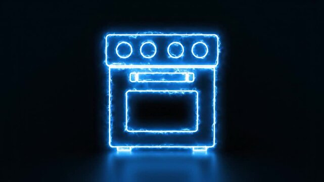 Blue glowing outline of a modern kitchen stove appearing on a dark background