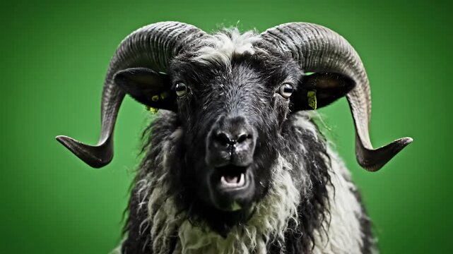 Medium Shot Portrait of Horned Jacob Sheep on Green Screen Background