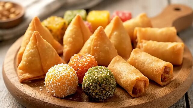 Assorted Indian Snacks samosas, spring rolls, laddus, and fudge on a wooden board, food photography, snack food, Asian cuisine, delectable.