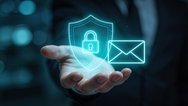 Cyber security and email protection concept,hand holding glowing shield with padlock and envelope icons,data privacy and secure communication technology background