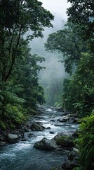 Obraz premium A serene forest stream flows through dense, misty greenery with large rocks and towering trees creating a tranquil natural scene.
