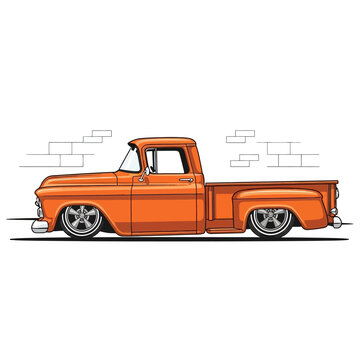 Orange Custom Pickup Truck Lowrider Vintage Car Art