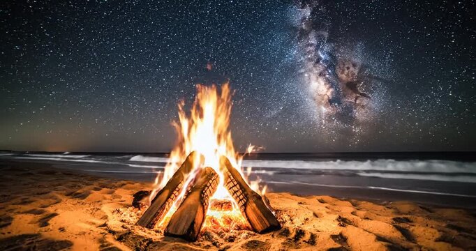 A bonfire burns on a beach at night under a starry sky.
