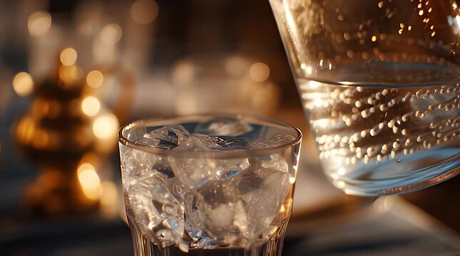 Water Being Poured into Glass with Ice.
