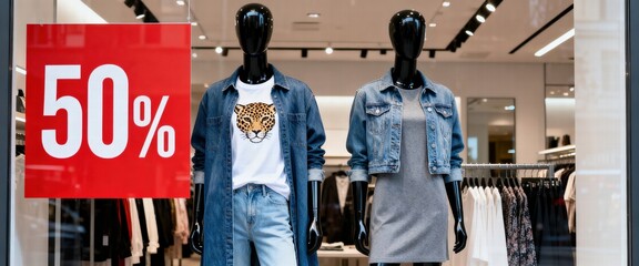 Mannequins in Clothing Store with 50 Percent Off Sign