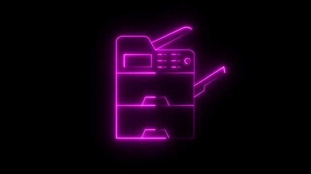 Animated pink neon outline of a copier or printer icon on a black background, representing office technology and modern digital design, perfect for abstract animations and technology concepts.