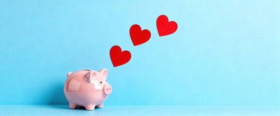 Piggy Bank with Red Hearts on Blue Background
