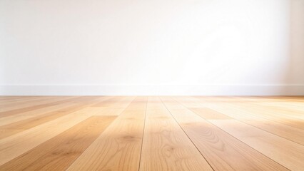 Naklejka premium Empty wooden floor with white wall background,minimal interior space template for product display,studio mockup and advertising presentation backdrop
