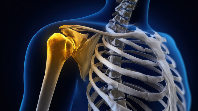 Medical illustration showing painful shoulder joint inflammation human skeleton body with bright yellow highlight indicating injury or arthritis