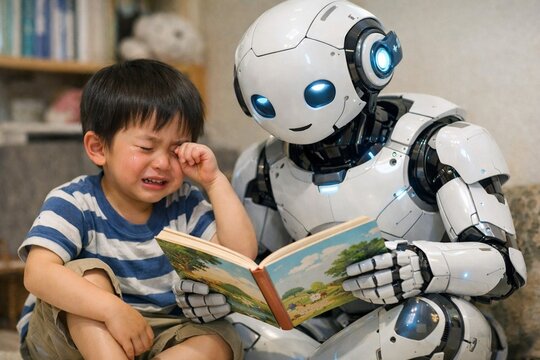 泣きべその男の子に優しく絵本を読んであげるフィジカルAI(AIロボット)
empathy, reading a book for a boy
Physical AI 
AI Robot
