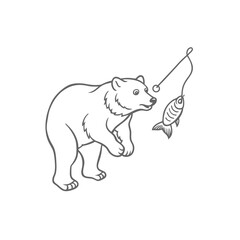 A bear standing and looking at a fish caught on a fishing line, black and white line art.