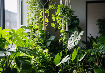 Bright Interior Filled with Assorted Potted Greenery and Hanging Plants Decor