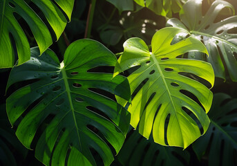 Bright Sunlight Shines on Two Large Monstera Leaf in Tropical Environment