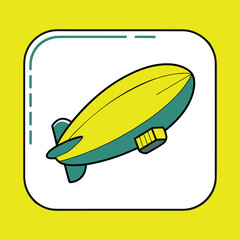 Cartoon illustration of a yellow and teal blimp or airship floating in the sky, with a clean, minimalist design and rounded border. © Gofur Artistry
