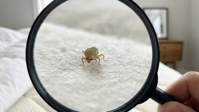 Close Up View Of A Small Insect Bug Crawling On A White Bed Sheet Through A Magnifying Glass With Natural Daylight Illuminating The Bedroom Scene Showing A Bedside Table And A Window In The